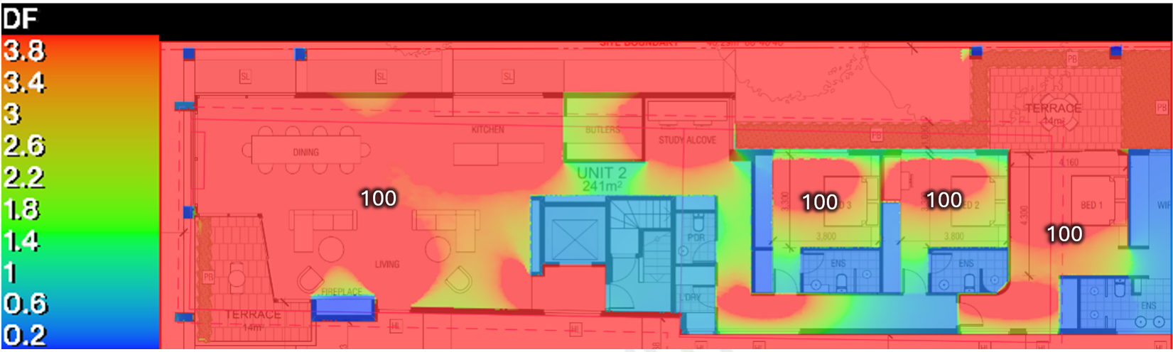 Example Daylight Factor output from RadianceIES simulation showing colour-scaled DF values across a residential apartment floor plate