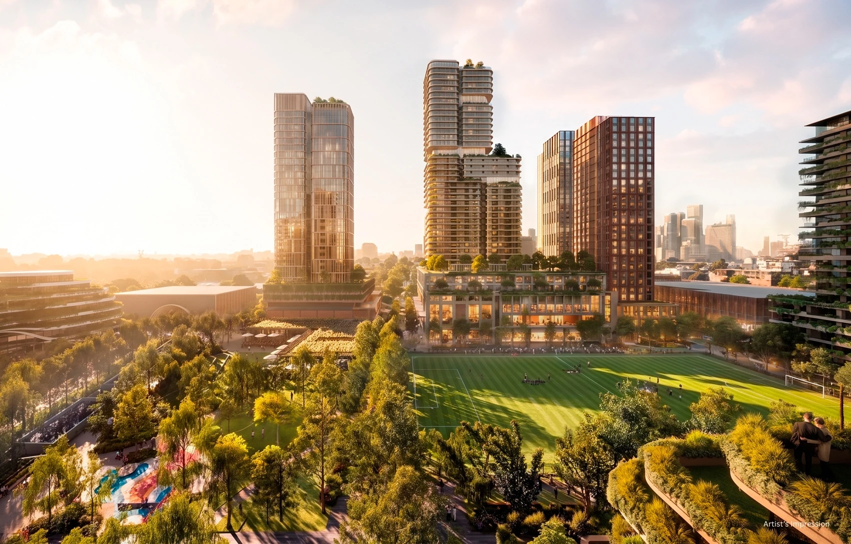 Artist's impression of Arden Central, with residential towers beside a sports pitch and parkland