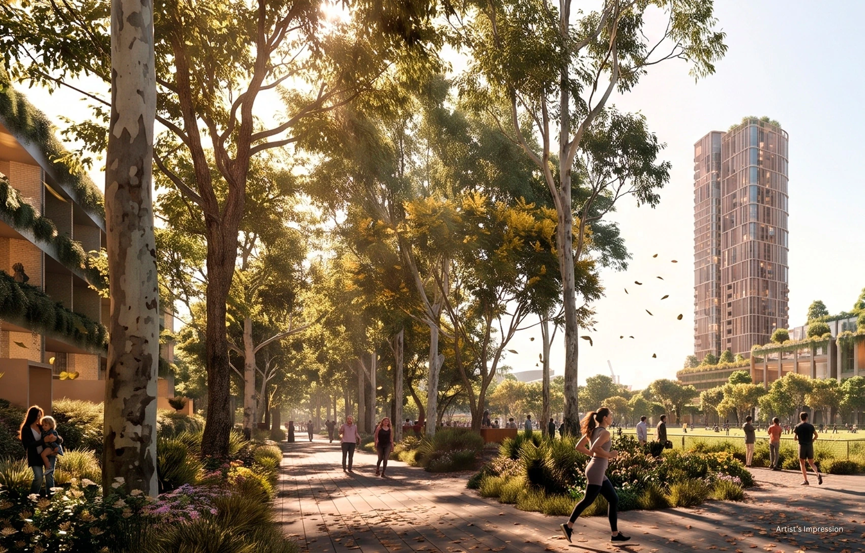Artist's impression of a tree-lined pedestrian walk at Arden Central